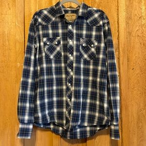Wrangler Retro Blue plaid pearl snap button down